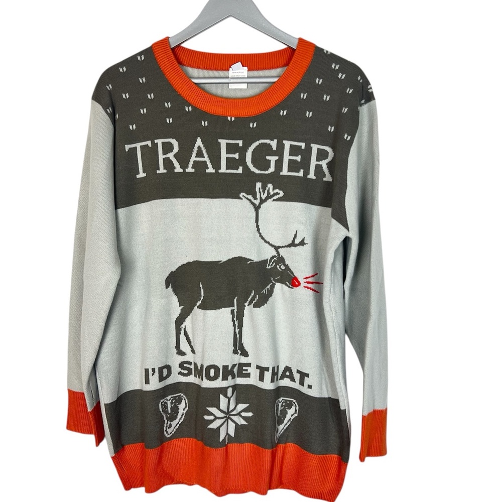 Traeger Grill Large Ugly Xmas Sweater "I'd Smoke That" Snowflake‎ Rudolph smoker